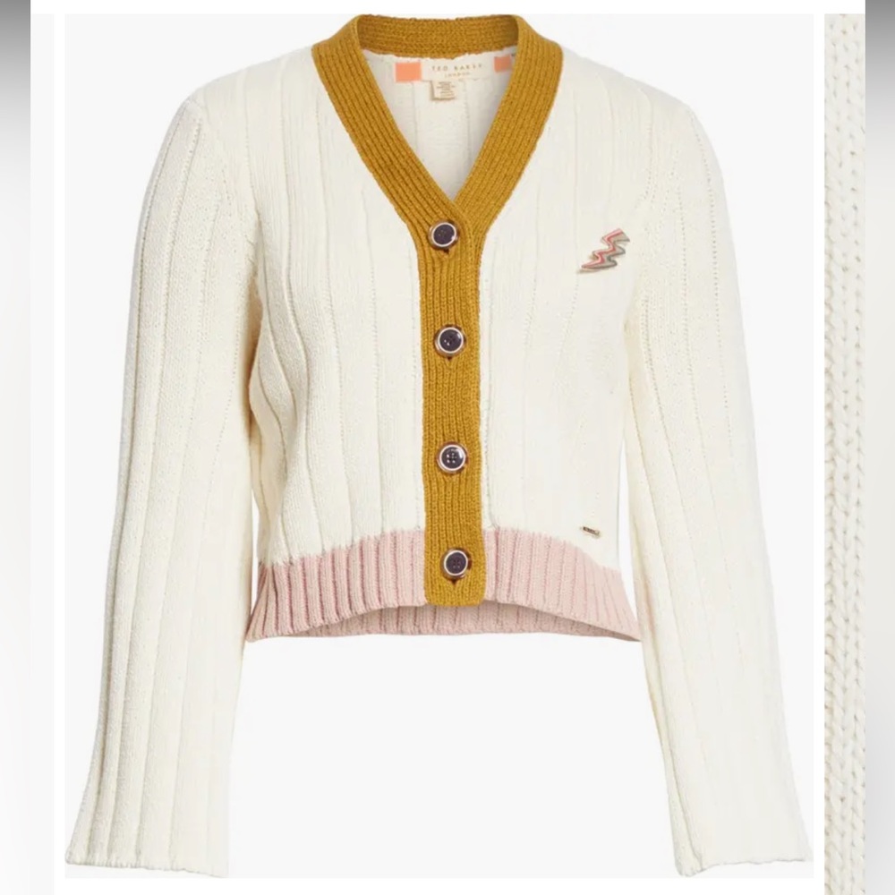 Ted Baker Moala Colorblock Knit Cardigan Cropped Bell Sleeves Size 5 US 12 New